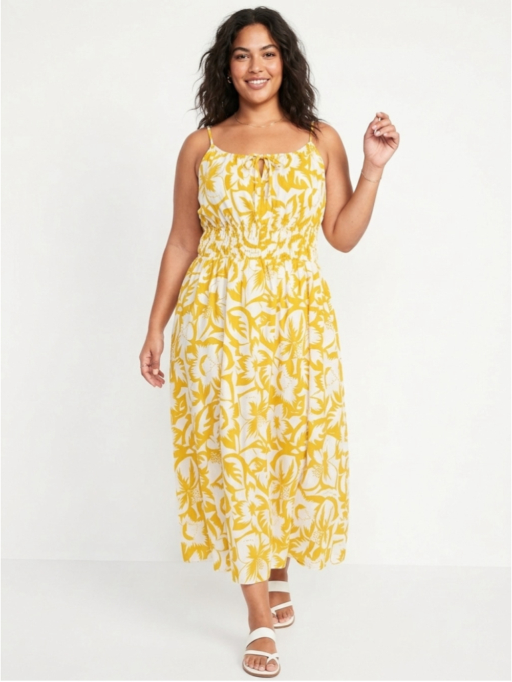 Lily Morgan Yellow White Tropical Floral Smocked Midi Dress Plus Size 2X